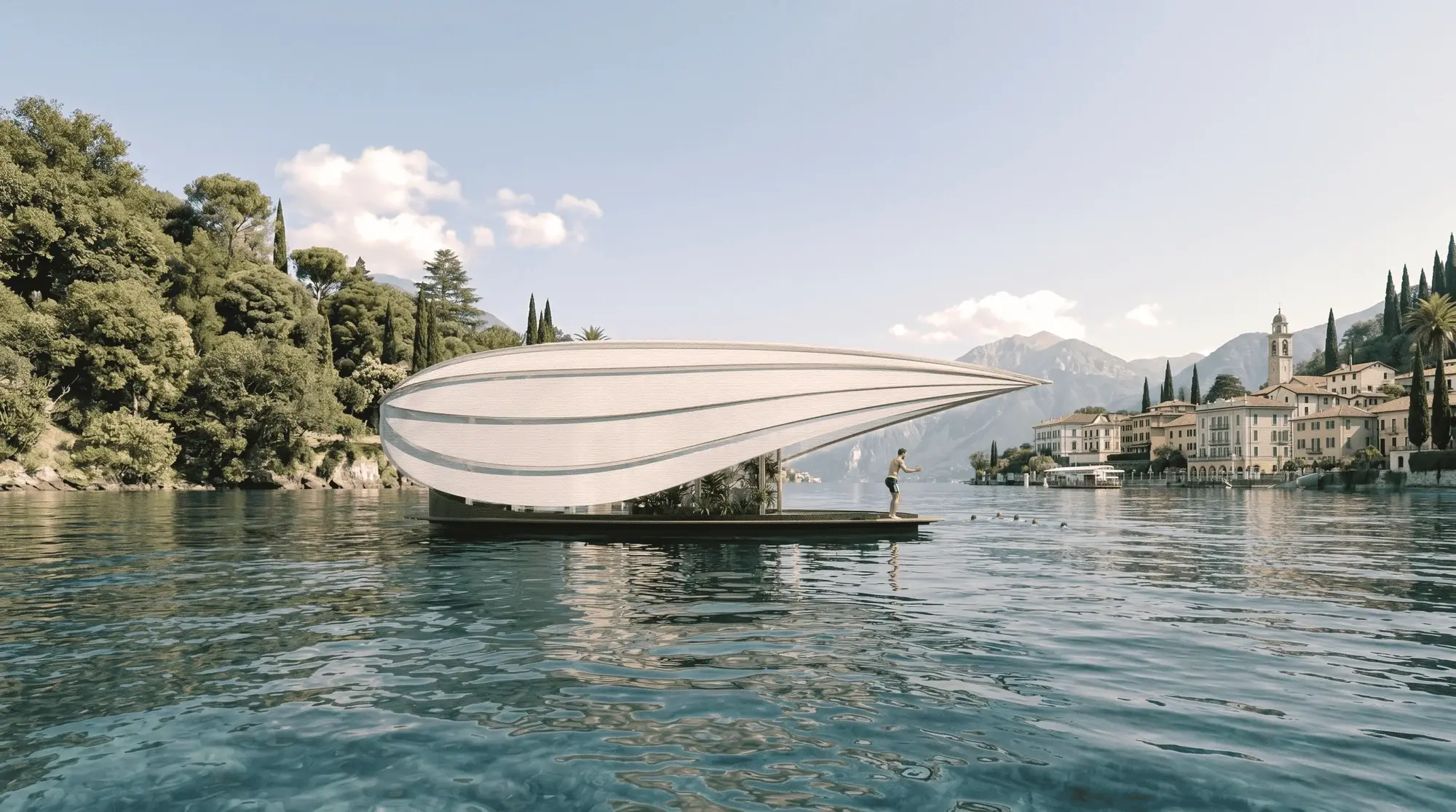 UAU Studio rendering of Lucia, a white floating micro-home on Lake Como with a sculptural roof