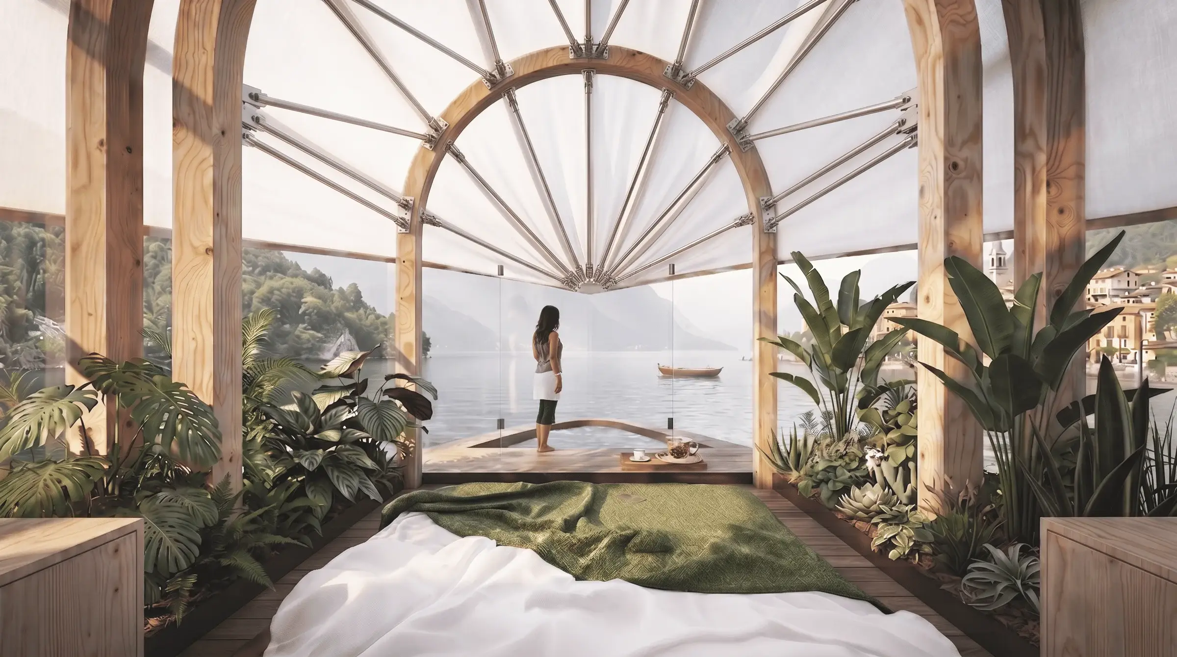Interior rendering of Lucia showing a compact living space open toward Lake Como