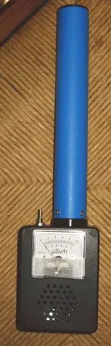Portable Ludens analog Geiger counter with a long tube above the case and a needle meter