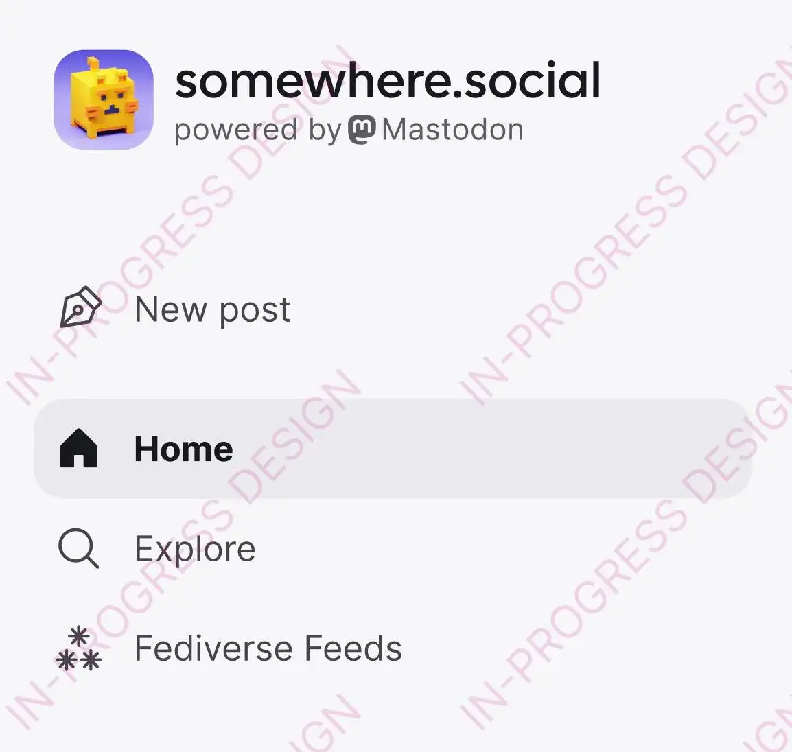 Prototype officiel Mastodon 5.0 montrant le nom d’une instance somewhere.social dans la navigation avec Powered by Mastodon
