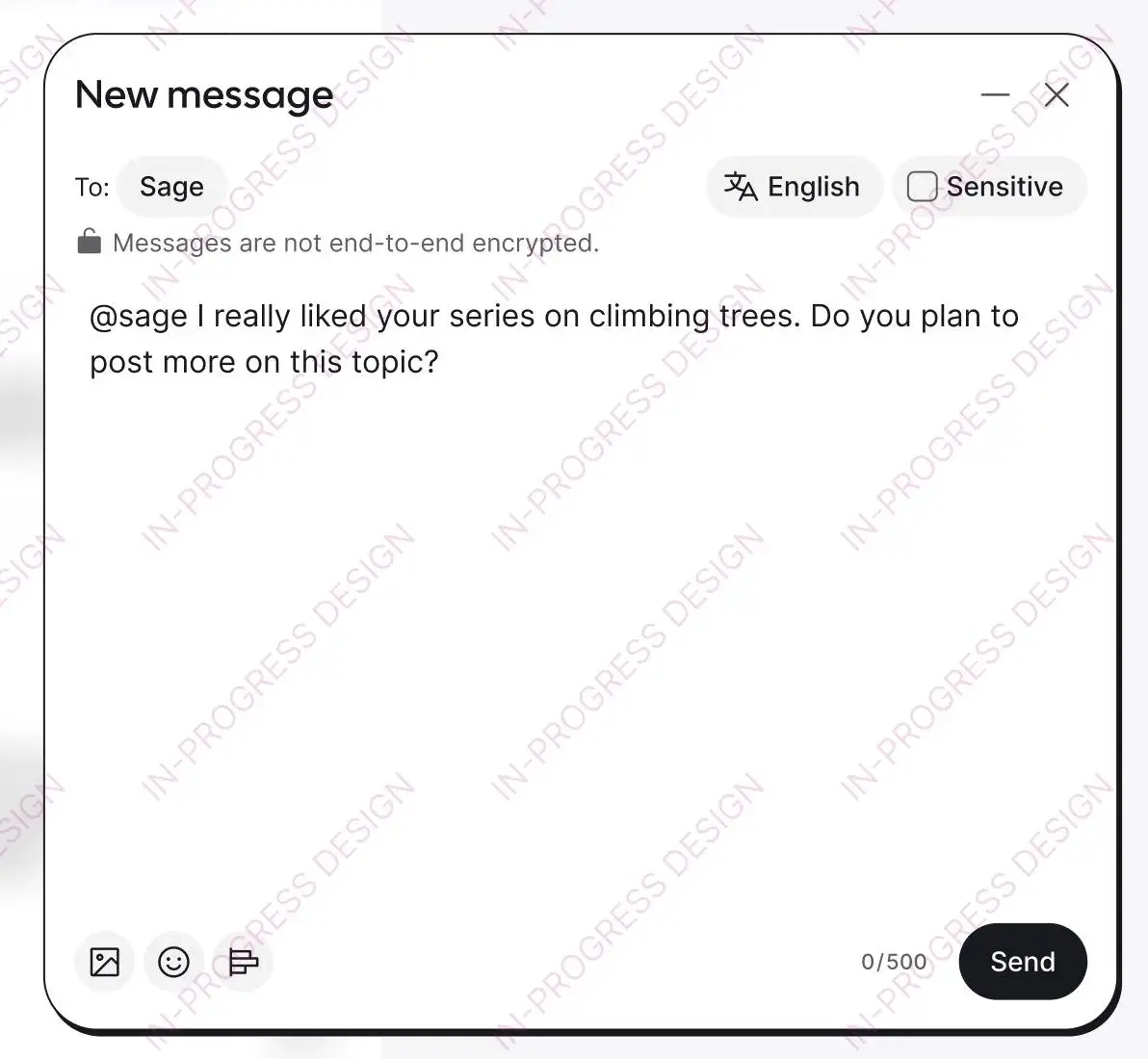 Prototype officiel Mastodon 5.0 montrant un composeur de message séparé avec destinataires et bouton Send