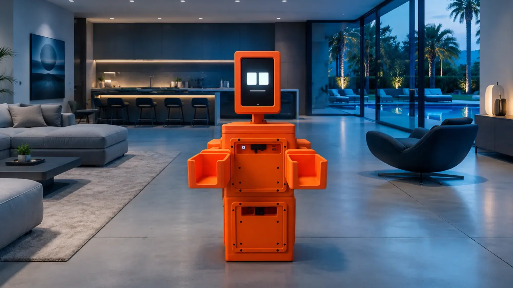 MillieBot, a blue and white domestic robot with a 3D-printed body