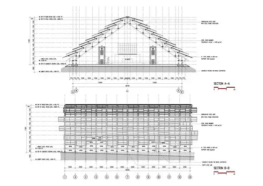 Architectural section of Neramit showing its large triangular roof and interior volume