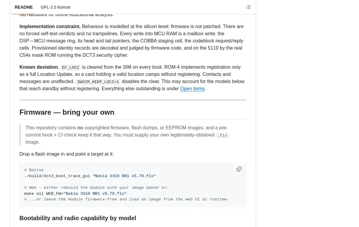 README de nokia-dct3-emulator autour de la section firmware