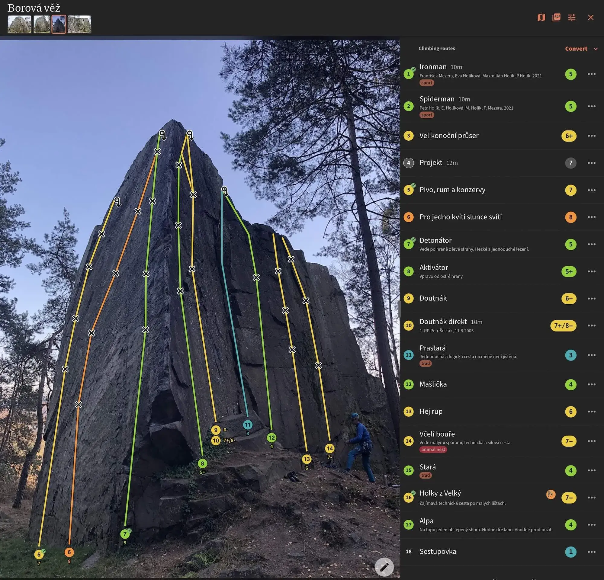 OpenClimbing editor showing climbing data and route editing tools