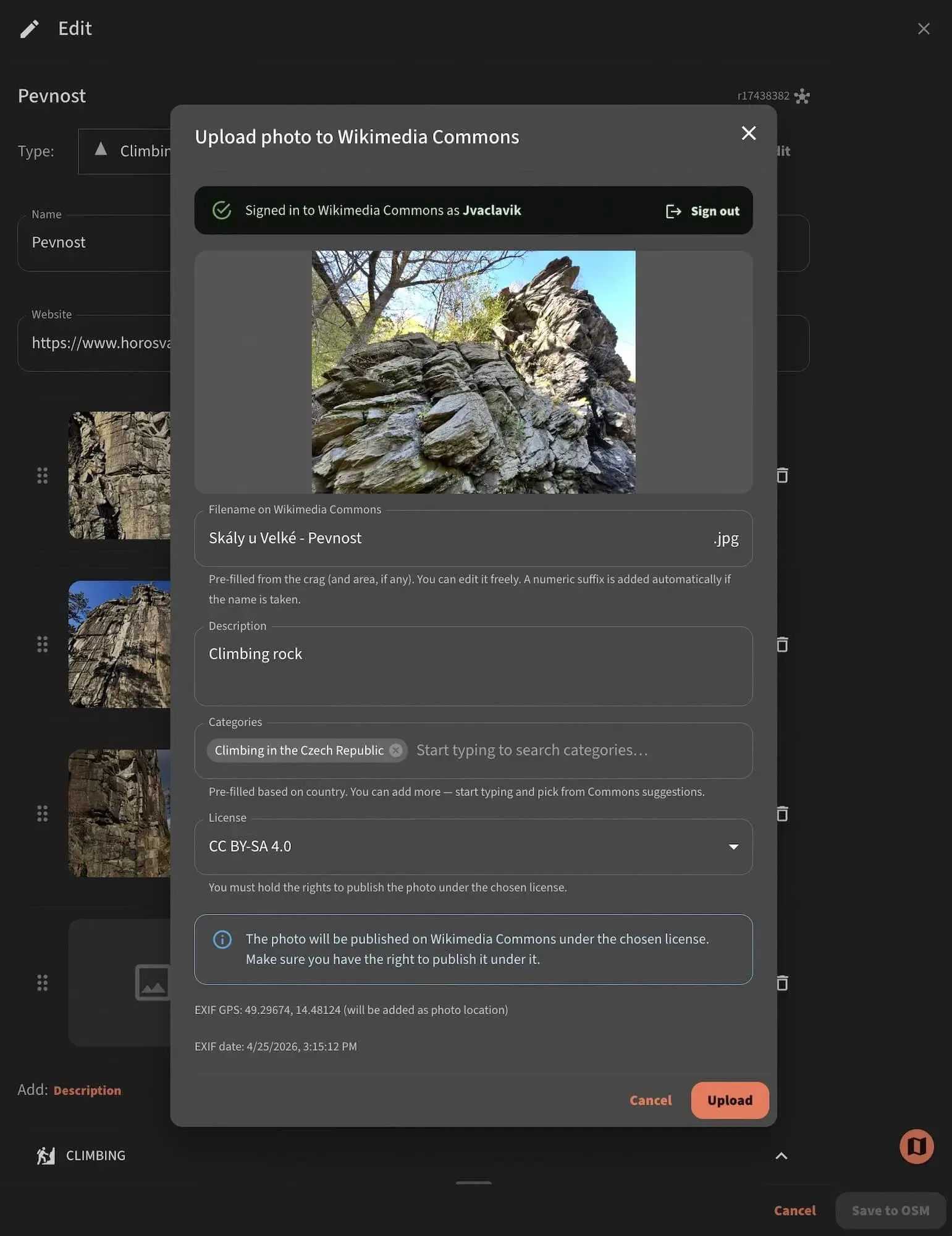 OpenClimbing interface for uploading a climbing photograph to Wikimedia Commons