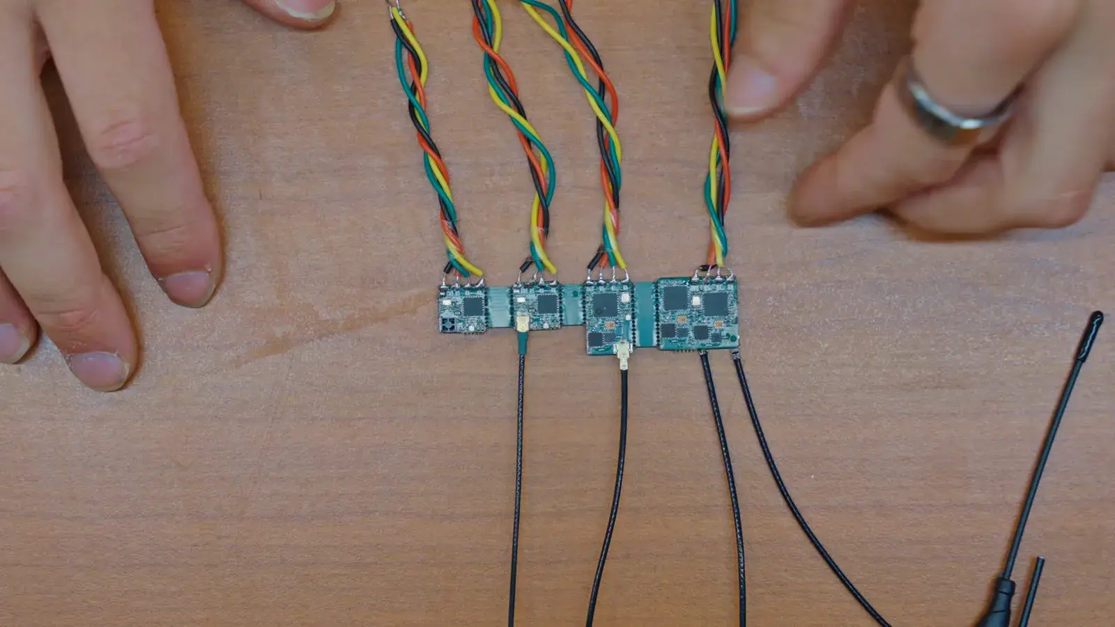 The four OpenRX Lite, Lite-UFL, Mono and Gemini boards wired to one logger