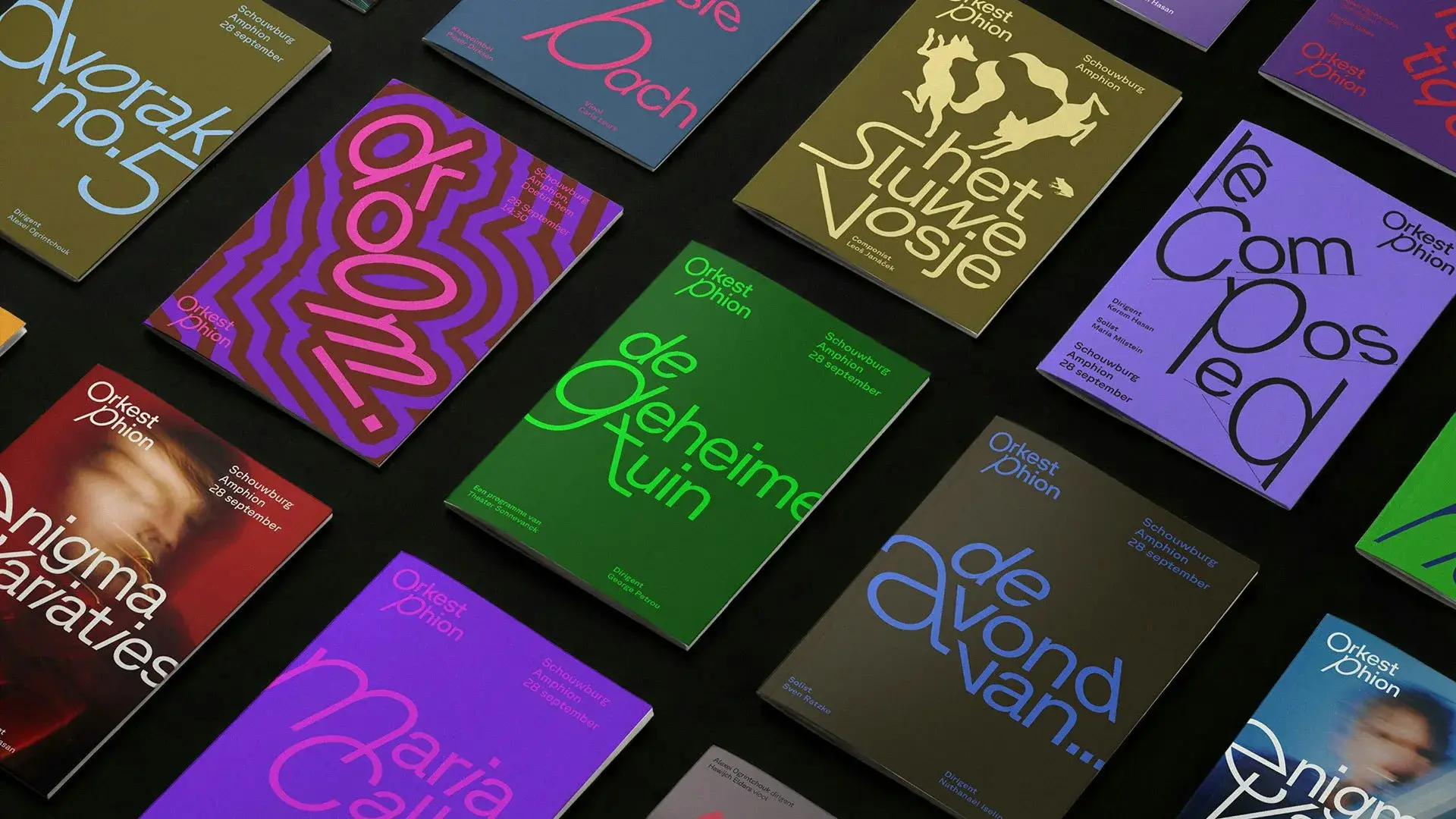 An Orkest Phion programme booklet in GT Planar, titles and colour drawn from the photos