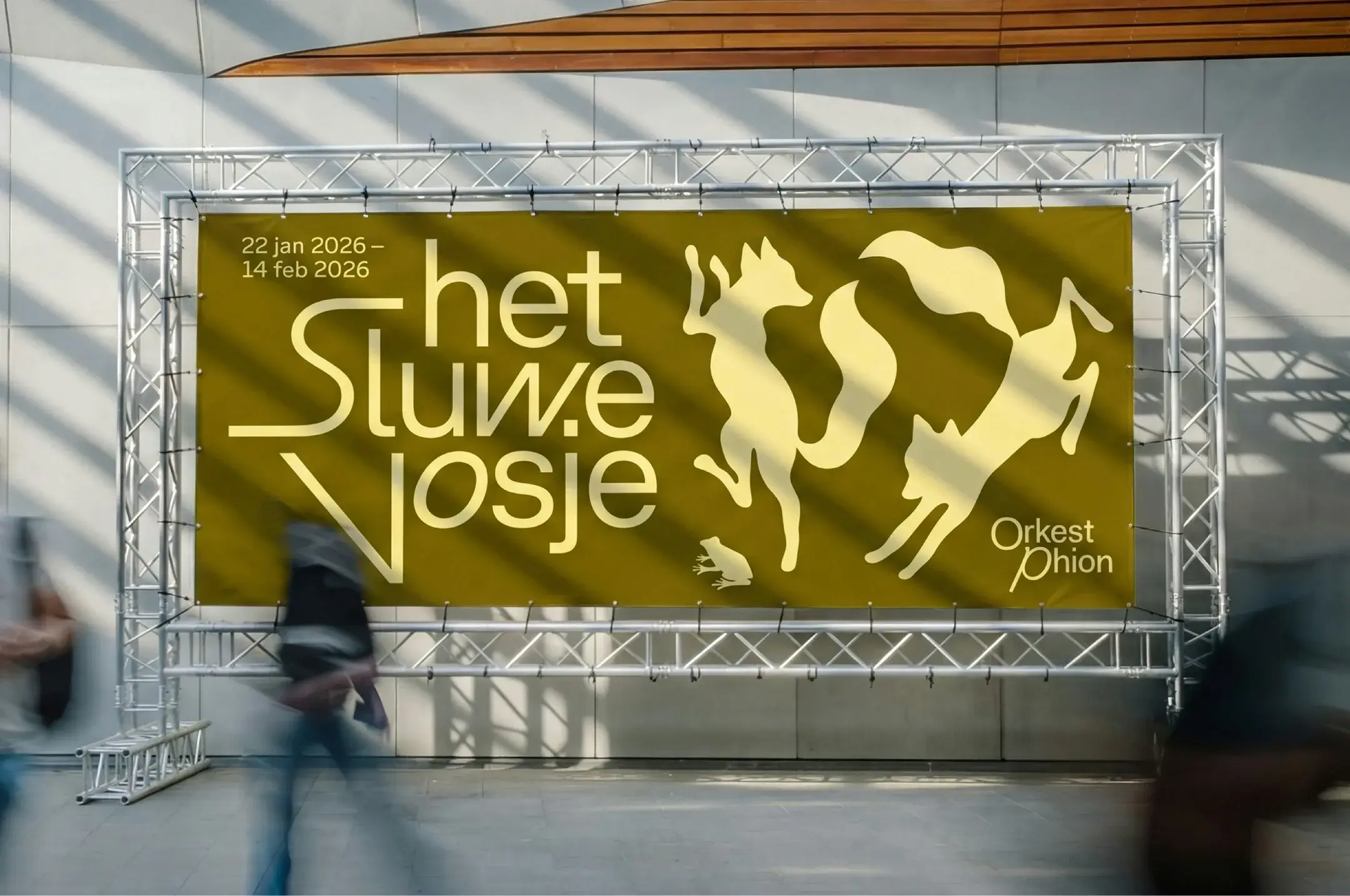 Orkest Phion campaign poster: large tilting GT Planar typography set over concert photography