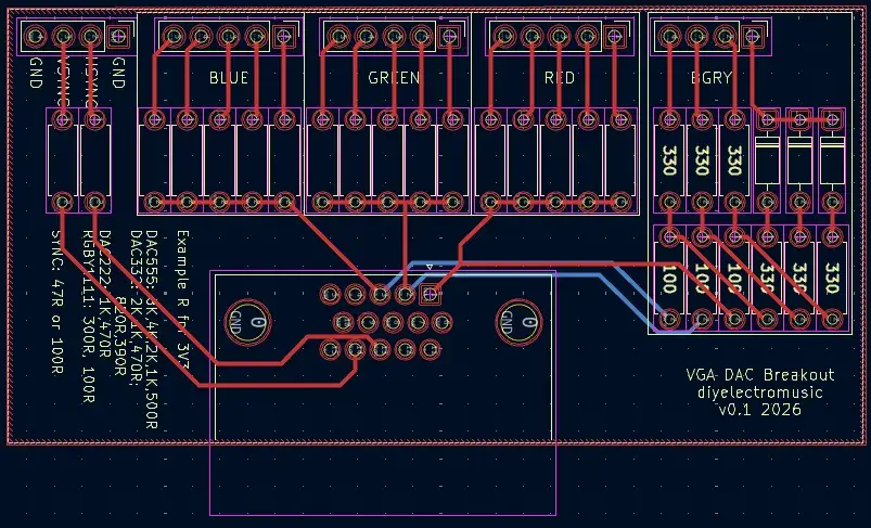 Render of the PicoVGABreakout PCB connecting a Raspberry Pi Pico to a VGA socket with resistor footprints