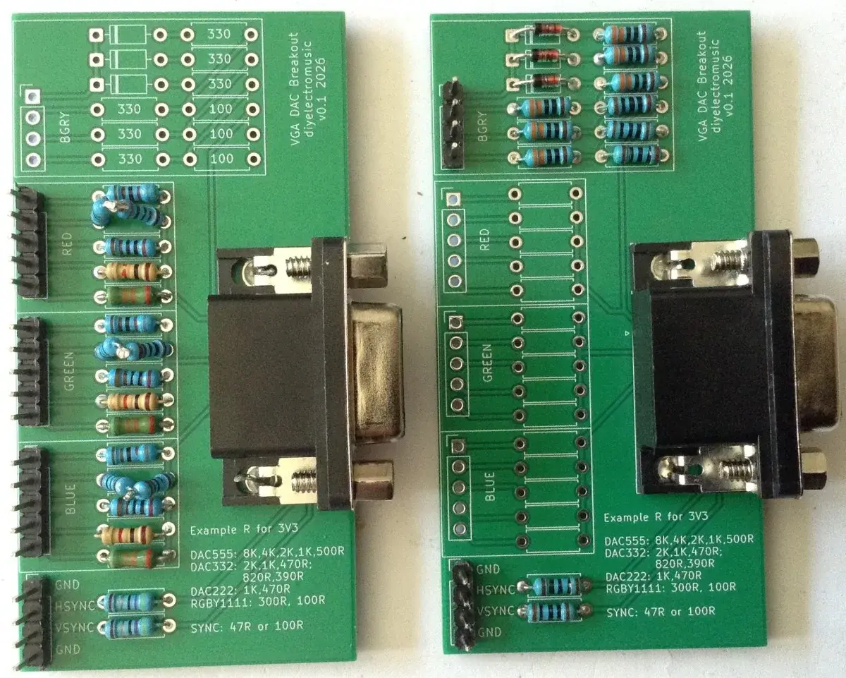 Two DAC setups side by side on a VGA test board: five resistors per channel on the left, RGBY1111 configuration with diodes on the right