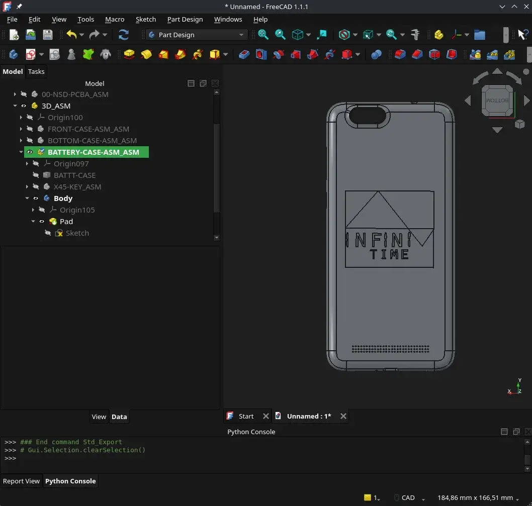 Custom PinePhone back cover being designed in CAD from the released 3D model