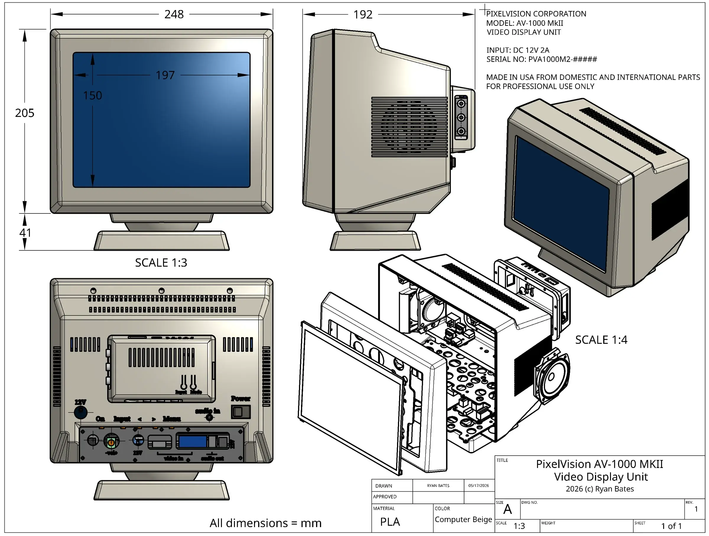 Vue d’assemblage éclatée du PixelVision AV1000 MkII avec boîtier, dalle, cartes, haut-parleurs et support