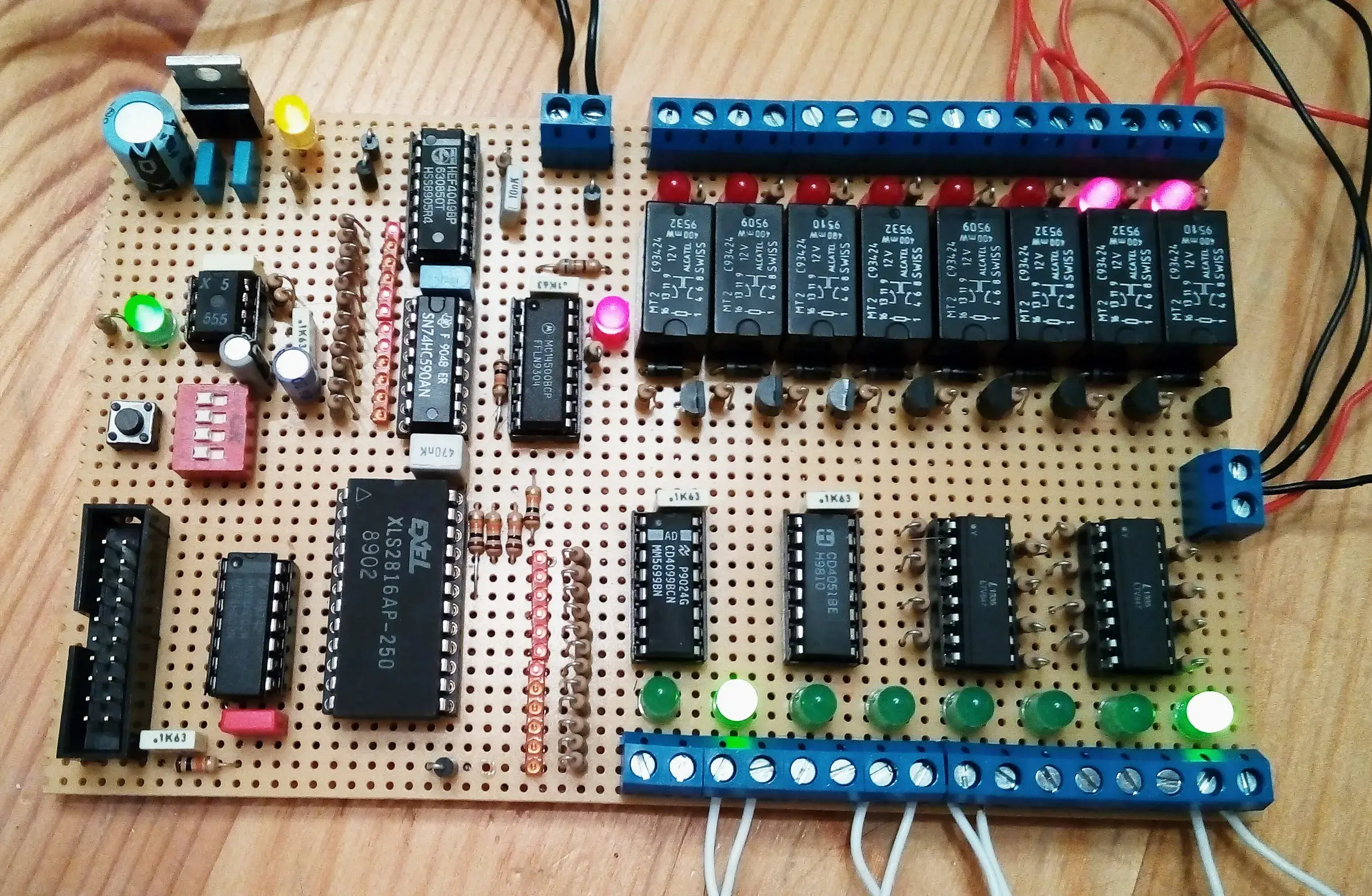 Nicola Cimmino’s PLC14500 Nano board based on the Motorola MC14500B and covered in diagnostic LEDs