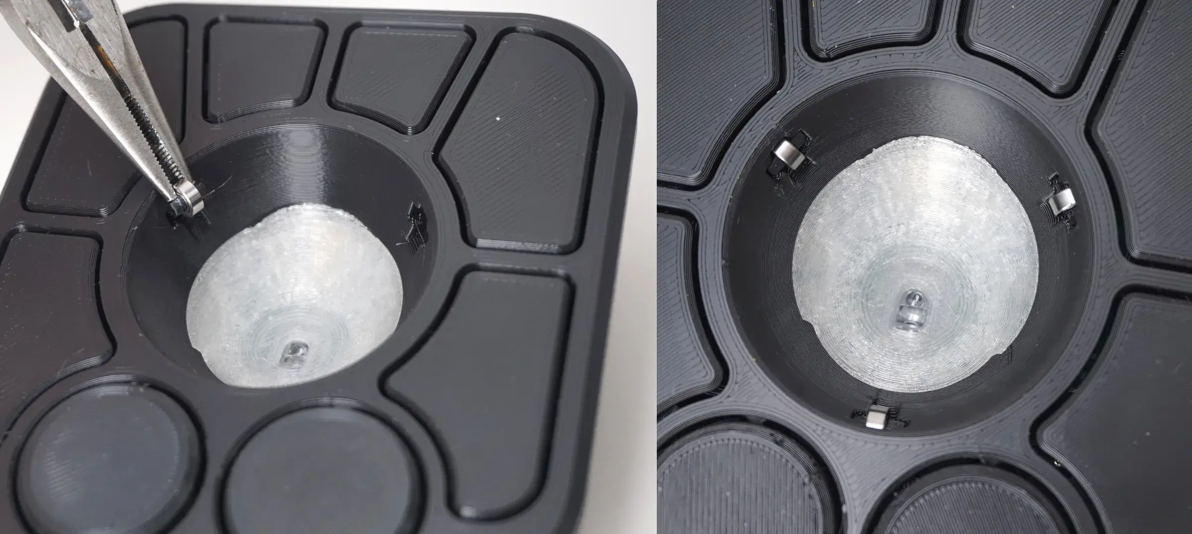 Three Ploopy A+ roller bearings installed in the 3D-printed upper case