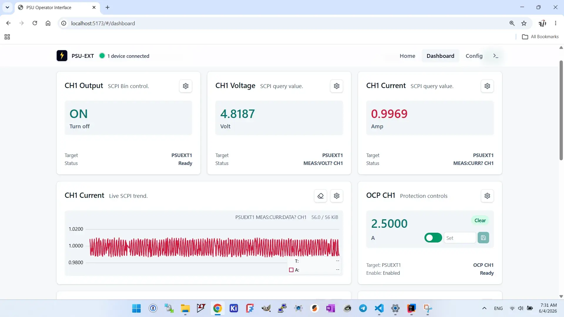 PSU-EXT dashboard displaying measurements and laboratory instrument controls