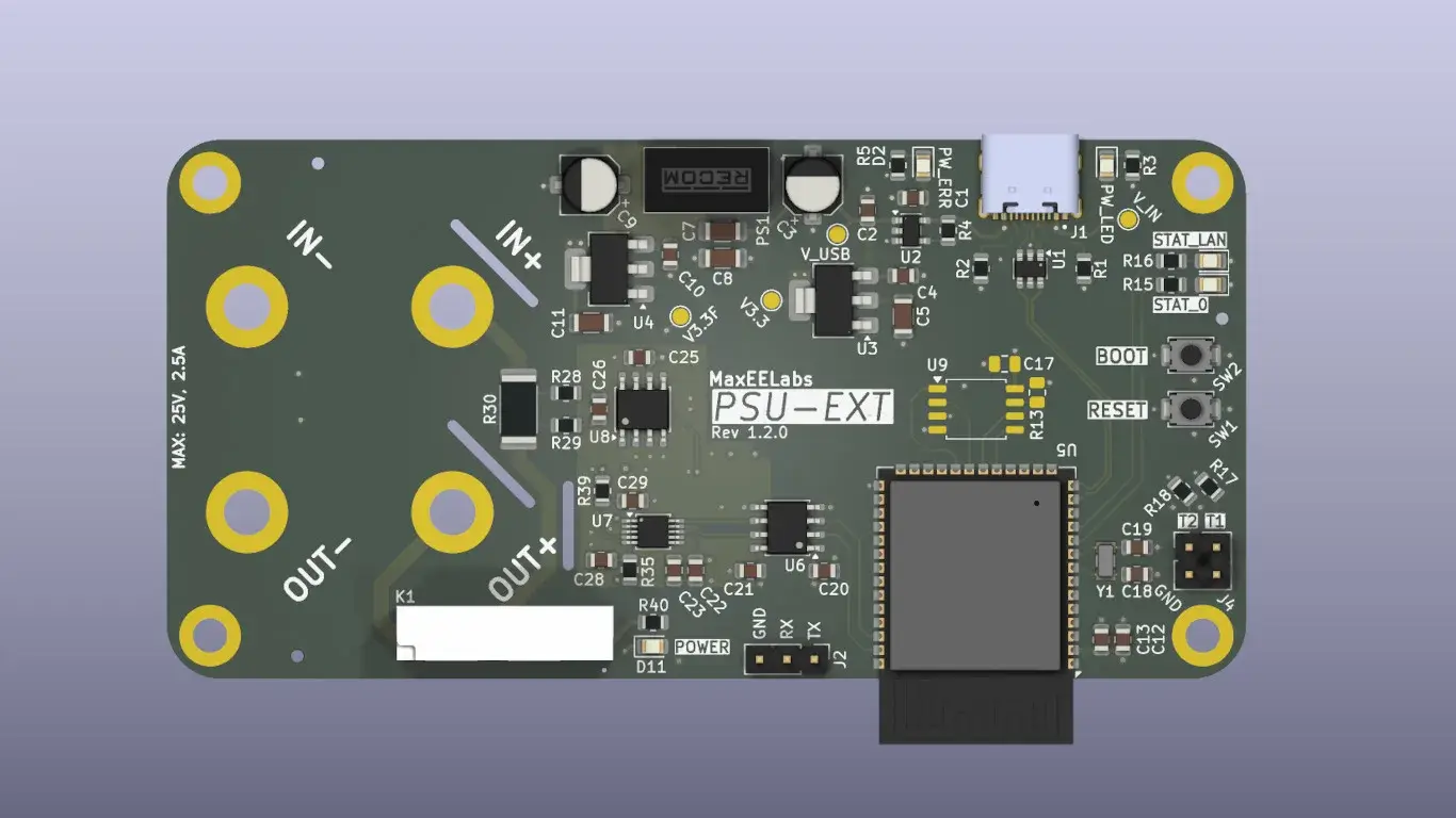 PSU-EXT circuit board render showing the ESP32-S3, terminals and measurement circuitry