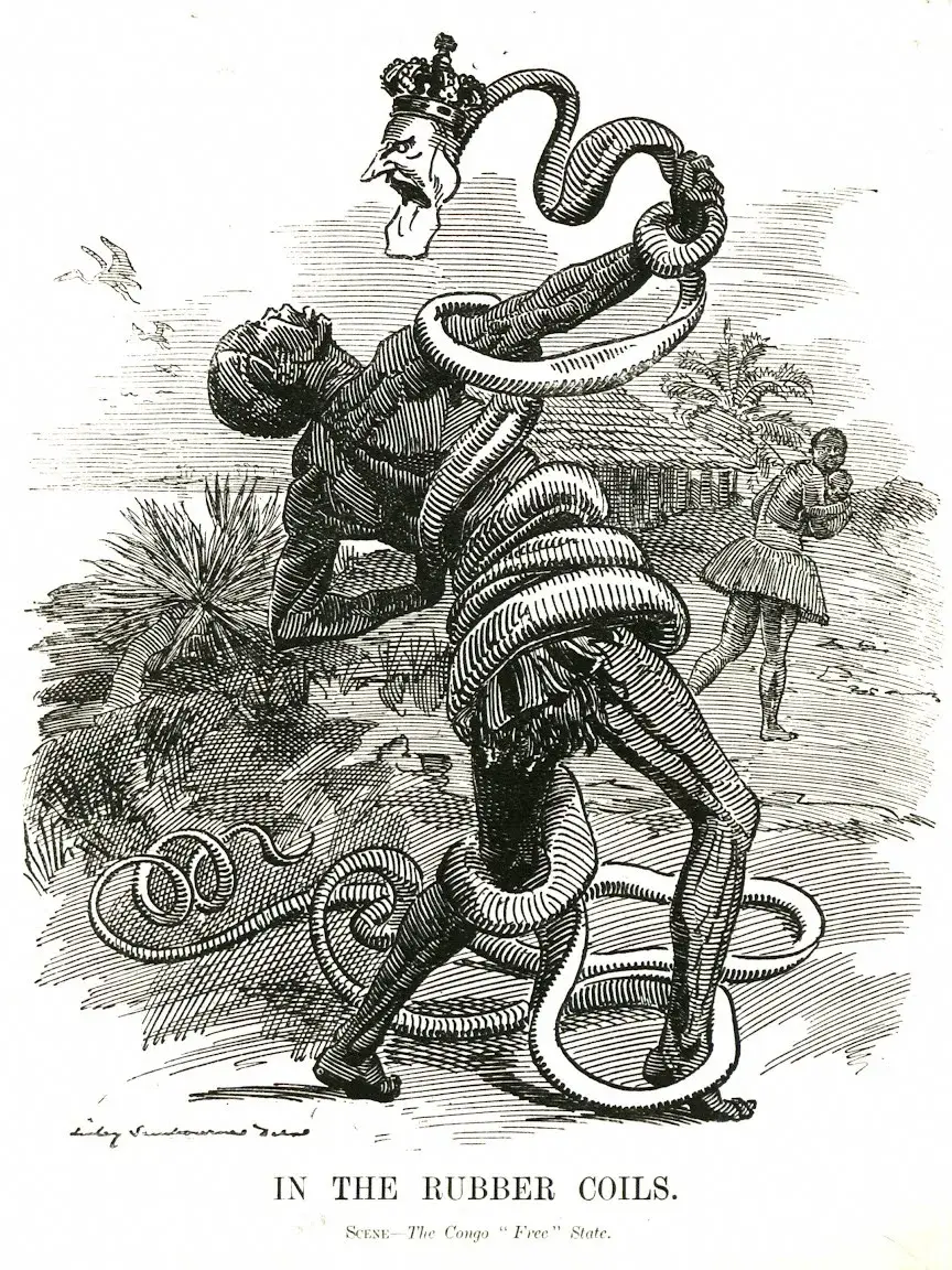 1906 caricature showing Leopold II as a snake coiled around a Congolese rubber collector