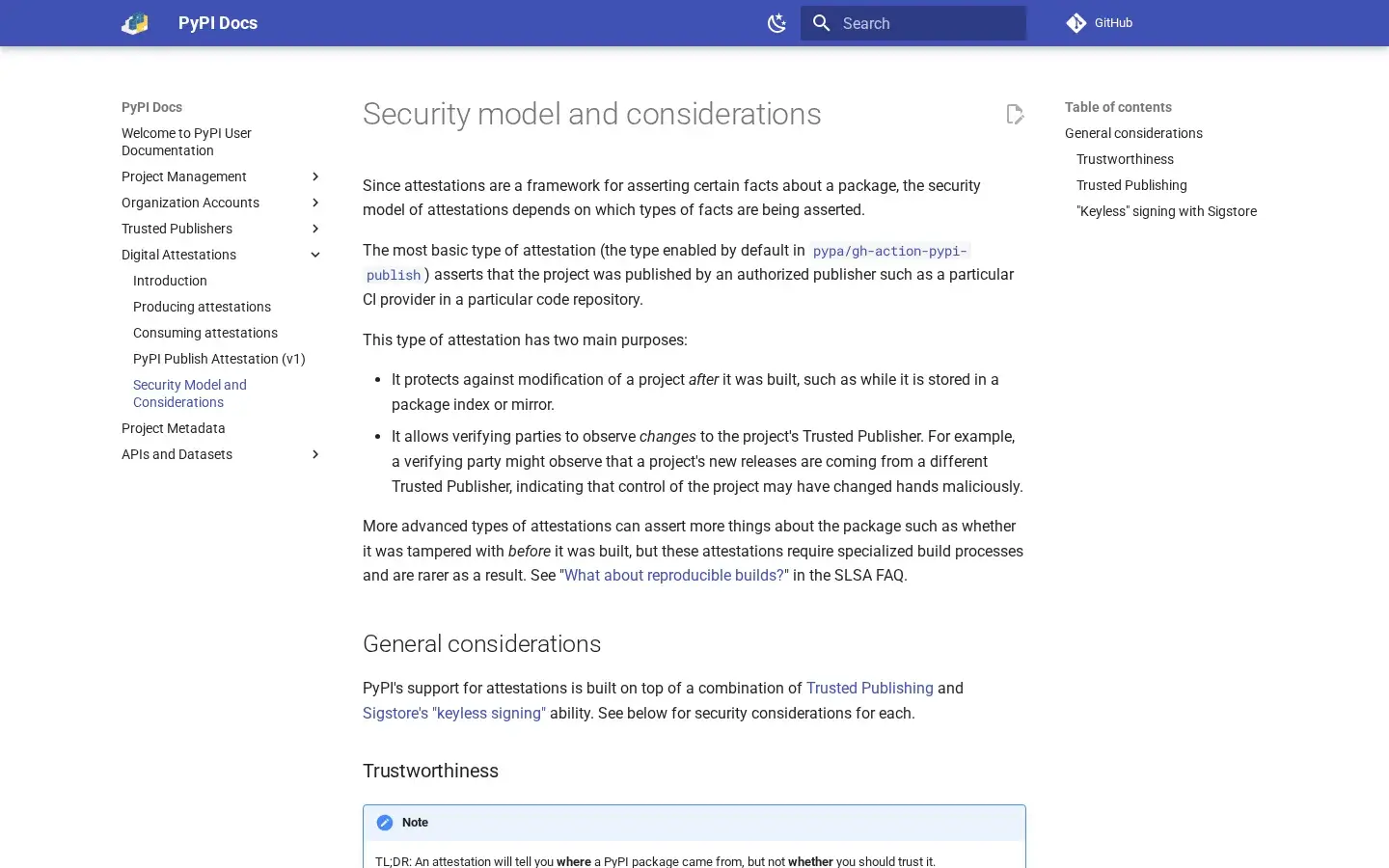 Capture de la documentation PyPI sur le modèle de sécurité des attestations