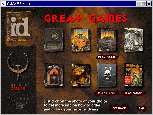 Quake shareware CD software catalogue screen
