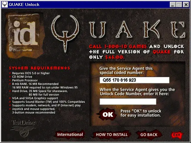 Quake shareware CD challenge and serial unlock screen