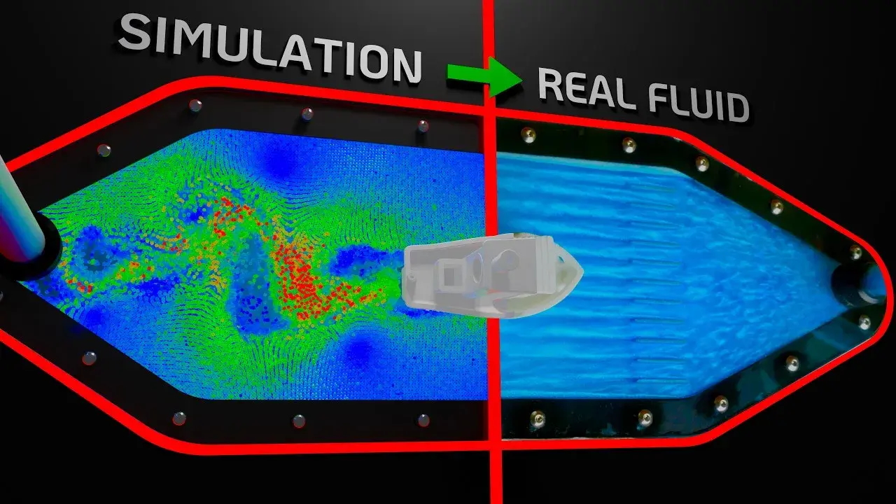 Visual Thinker's test rig using rheoscopic fluid to reveal flow around a physical shape