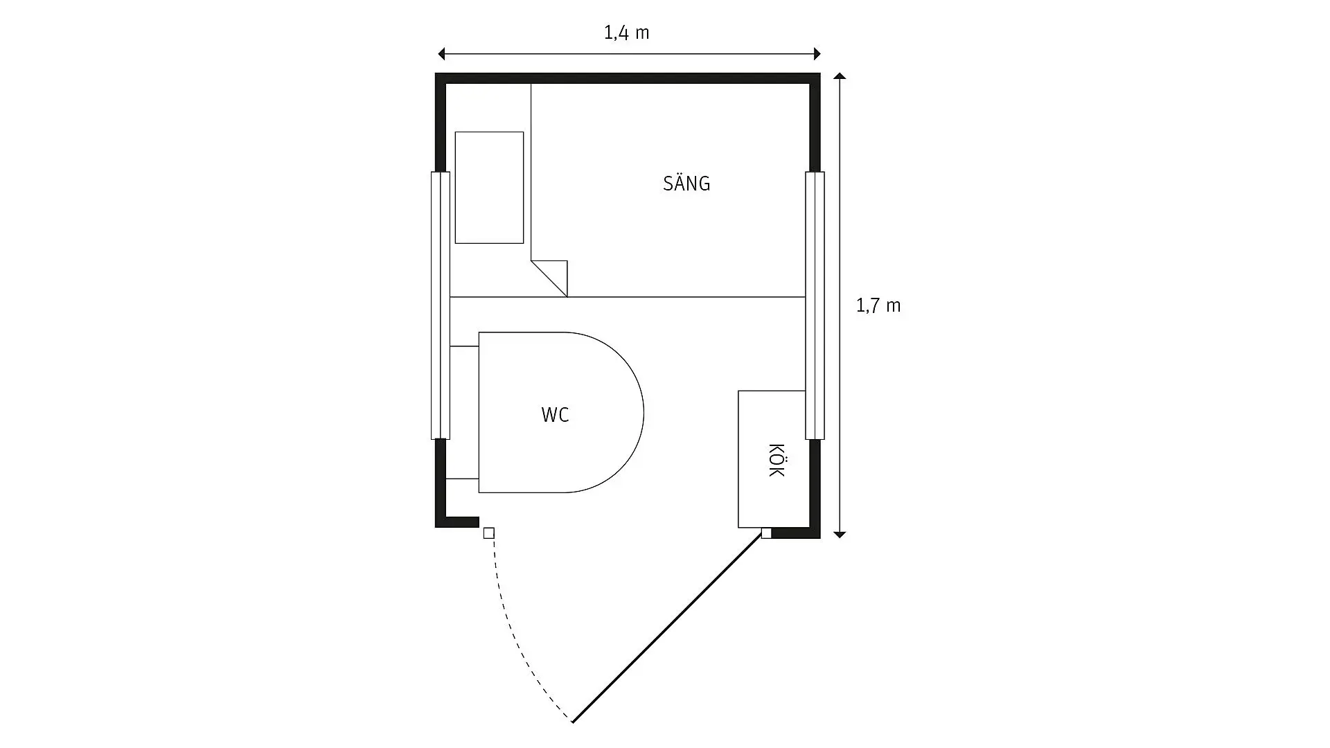 Plan du micro-logement de Stockholm montrant le lit, les toilettes et le coin cuisine serrés dans la même petite surface