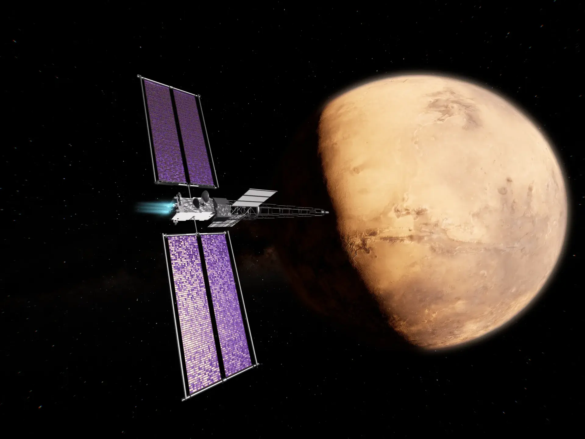 NASA artist's concept of SR-1 Freedom, the first fission-powered interplanetary spacecraft, with solar arrays, radiators and electric thrusters