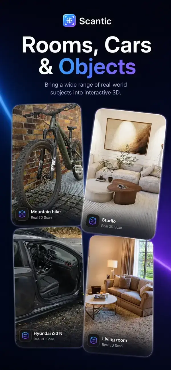 Capture officielle de l’application Scantic sur iPhone montrant son interface de reconstruction 3D