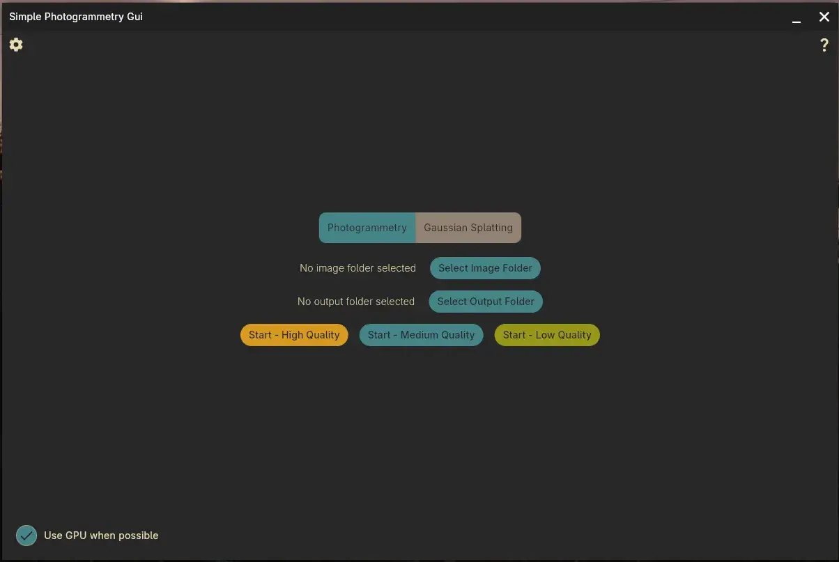 Interface de Simple Photogrammetry GUI avec choix du dossier d’images, du dossier de sortie et de la qualité