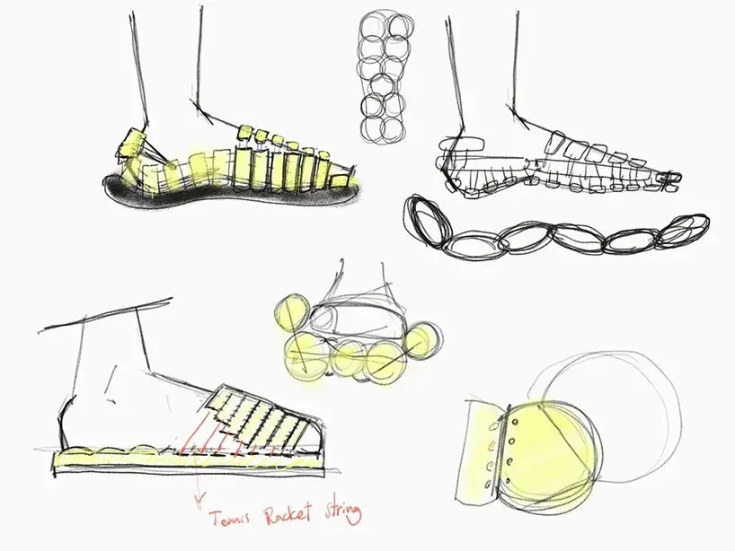 Sections de balles de tennis usées intégrées au prototype SLICE avec teintes et textures différentes