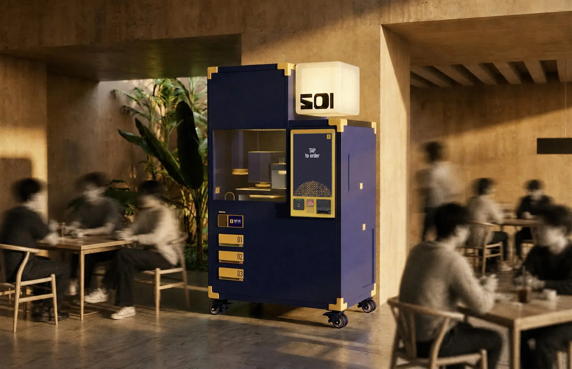 Render of the Soi vending machine: a midnight-blue cabinet on castors with a TAP to order touchscreen, a window onto the mechanism and three numbered collection slots, in a canteen