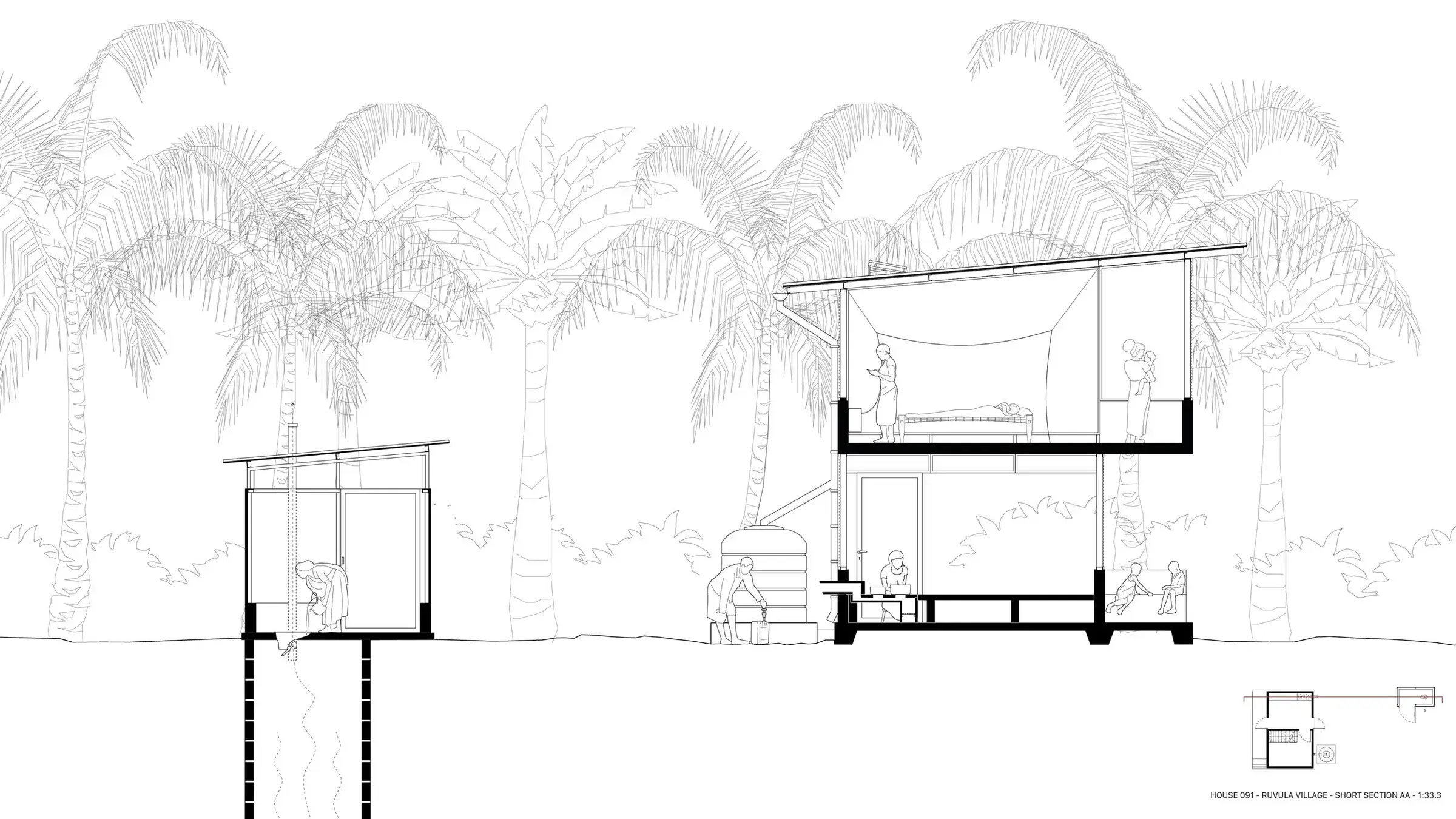 Architectural section of a Star Home showing two levels, airflow and living spaces