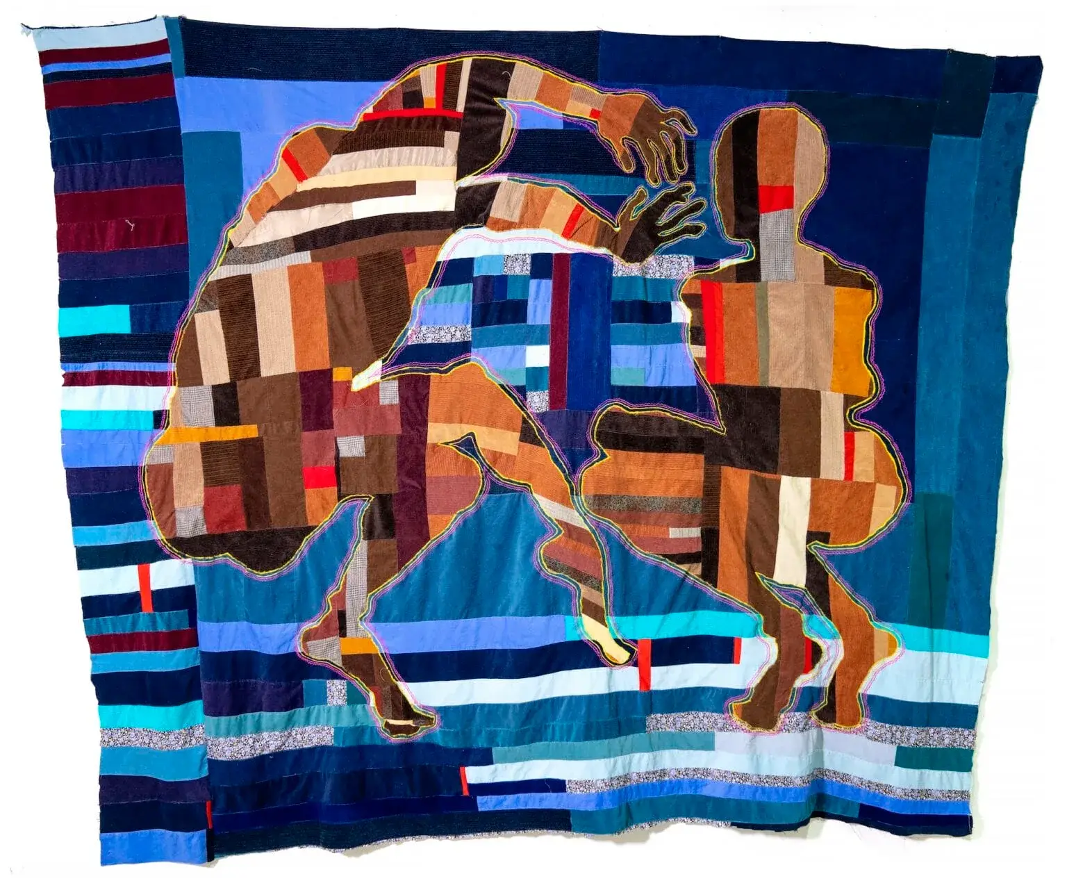 My Momma Prayers Work de Basil Kincaid, quilt géométrique montrant deux figures accroupies