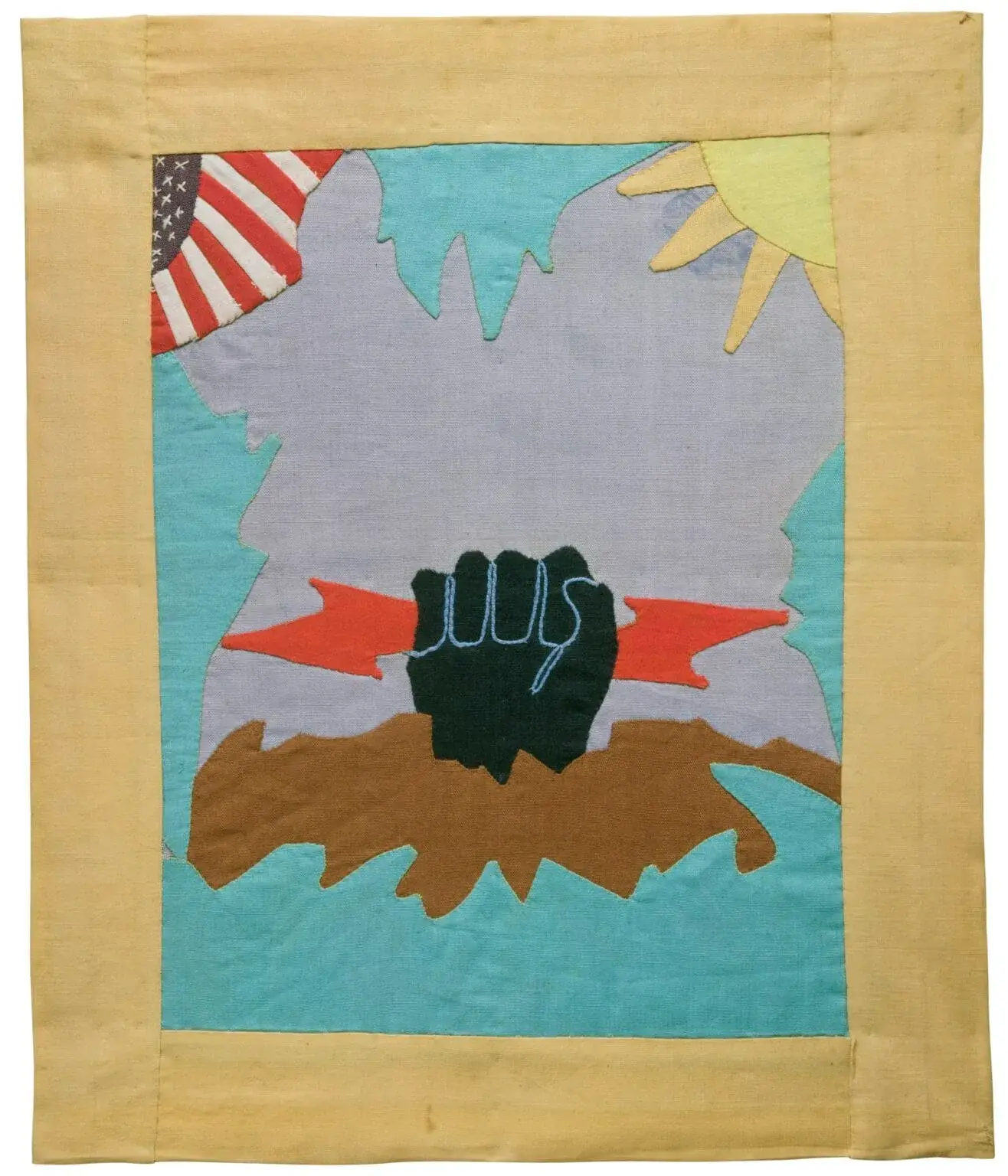 Quilt de Ruth Clement Bond avec poing noir tenant un éclair rouge, soleil et drapeau américain
