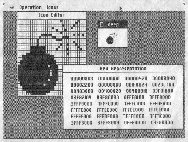 Macintosh icon editor showing the bomb icon and its ROM representation