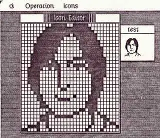 Macintosh icon editor displaying a pixel portrait of Steve Jobs