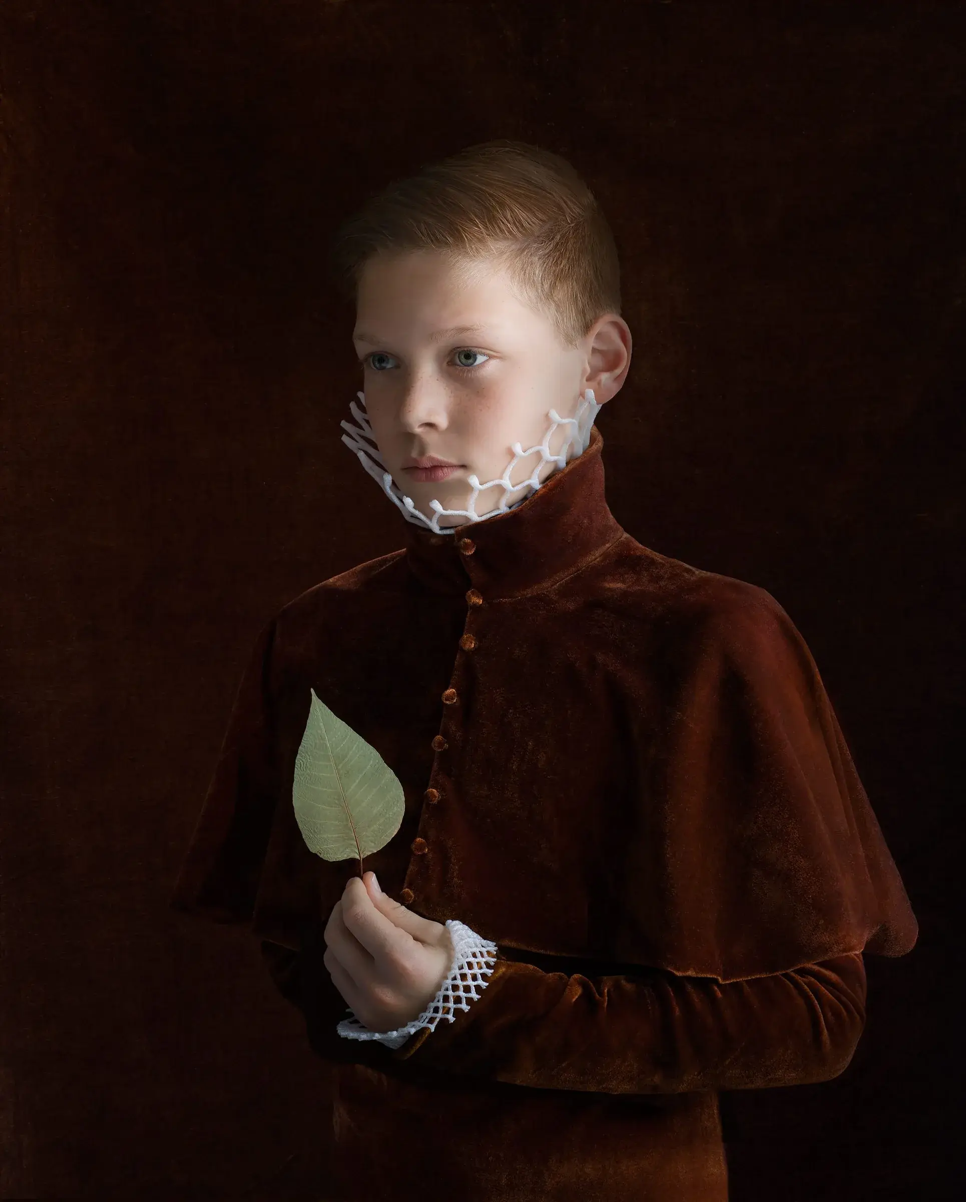 Suzanne Jongmans portrait inspired by Old Masters, with a costume sculpted from packing materials