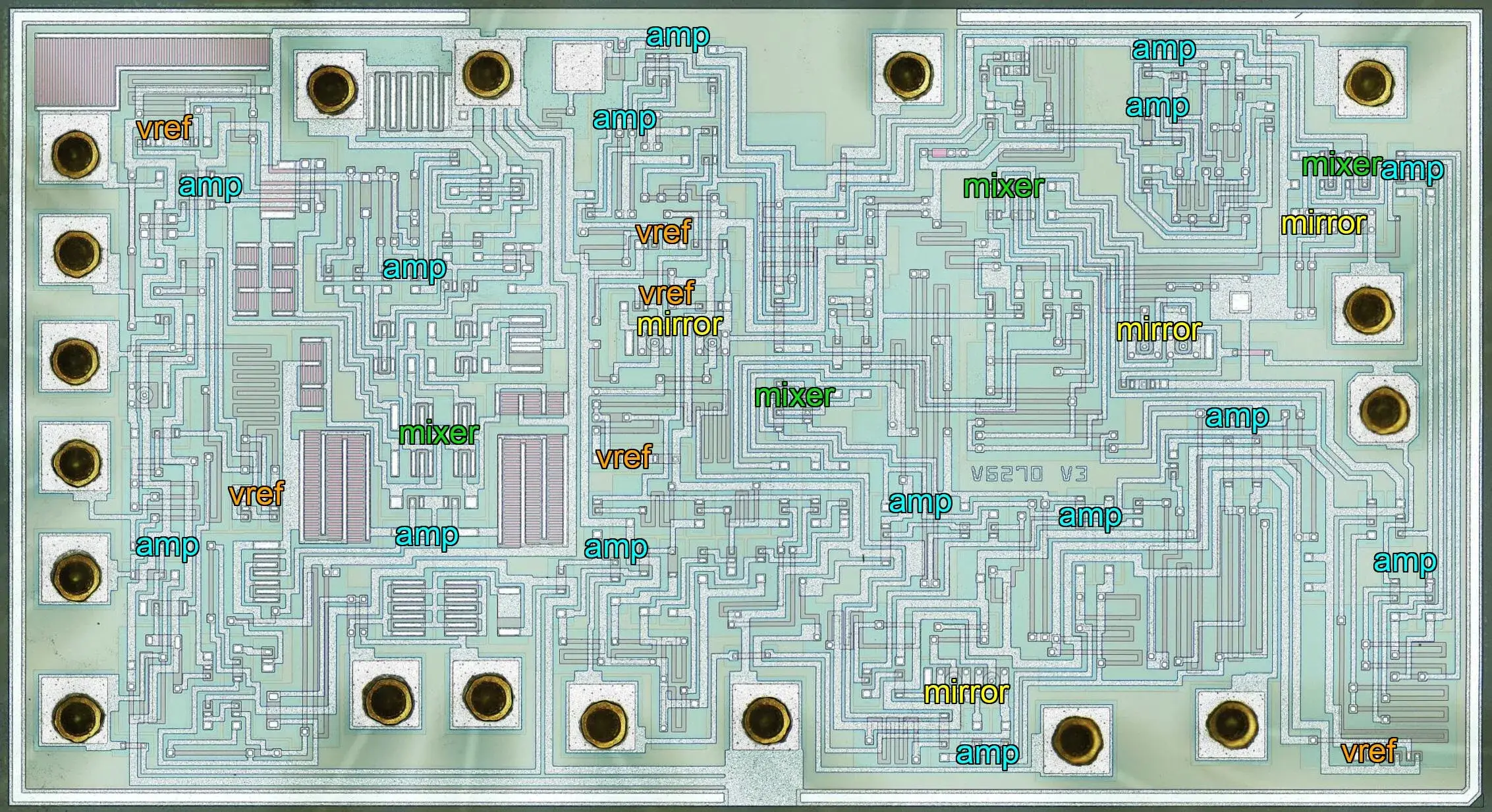 Philips TDA7000 die annotated with its main functional blocks