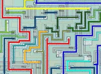 Area of the TDA7000 die annotated with colors and component numbers to trace connections