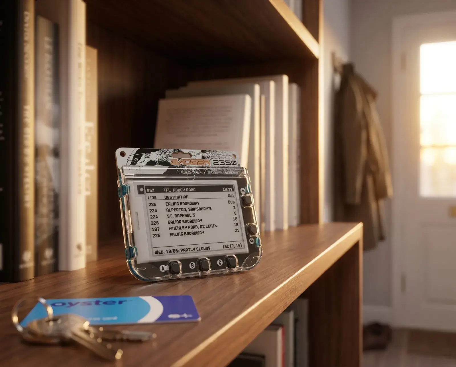 A Pimoroni Badger 2350 badge lying flat, its e-paper screen showing the upcoming bus departures and today's weather