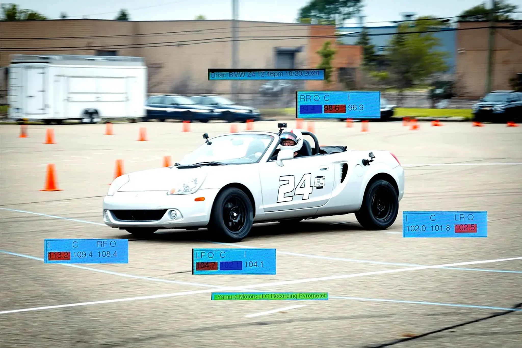 Une Toyota MR2 d'autocross avec les douze relevés de température des pneus superposés en surimpression