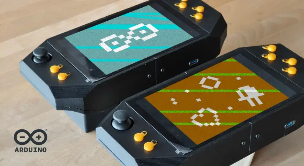 Two handheld retro consoles built around an Arduino UNO Q and touchscreen