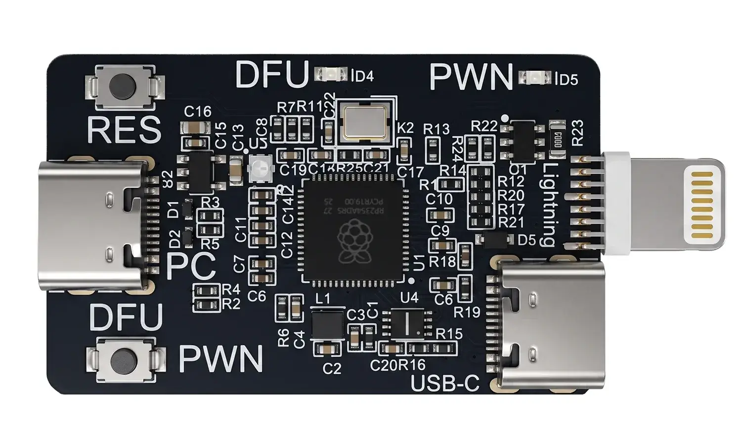 SUNSHINE RP2354A DFU board with two USB-C ports and a Lightning connector