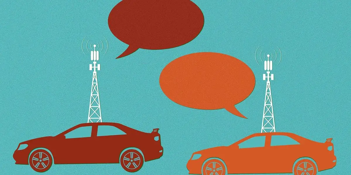 Illustration of cars exchanging wireless data in a V2X network scenario