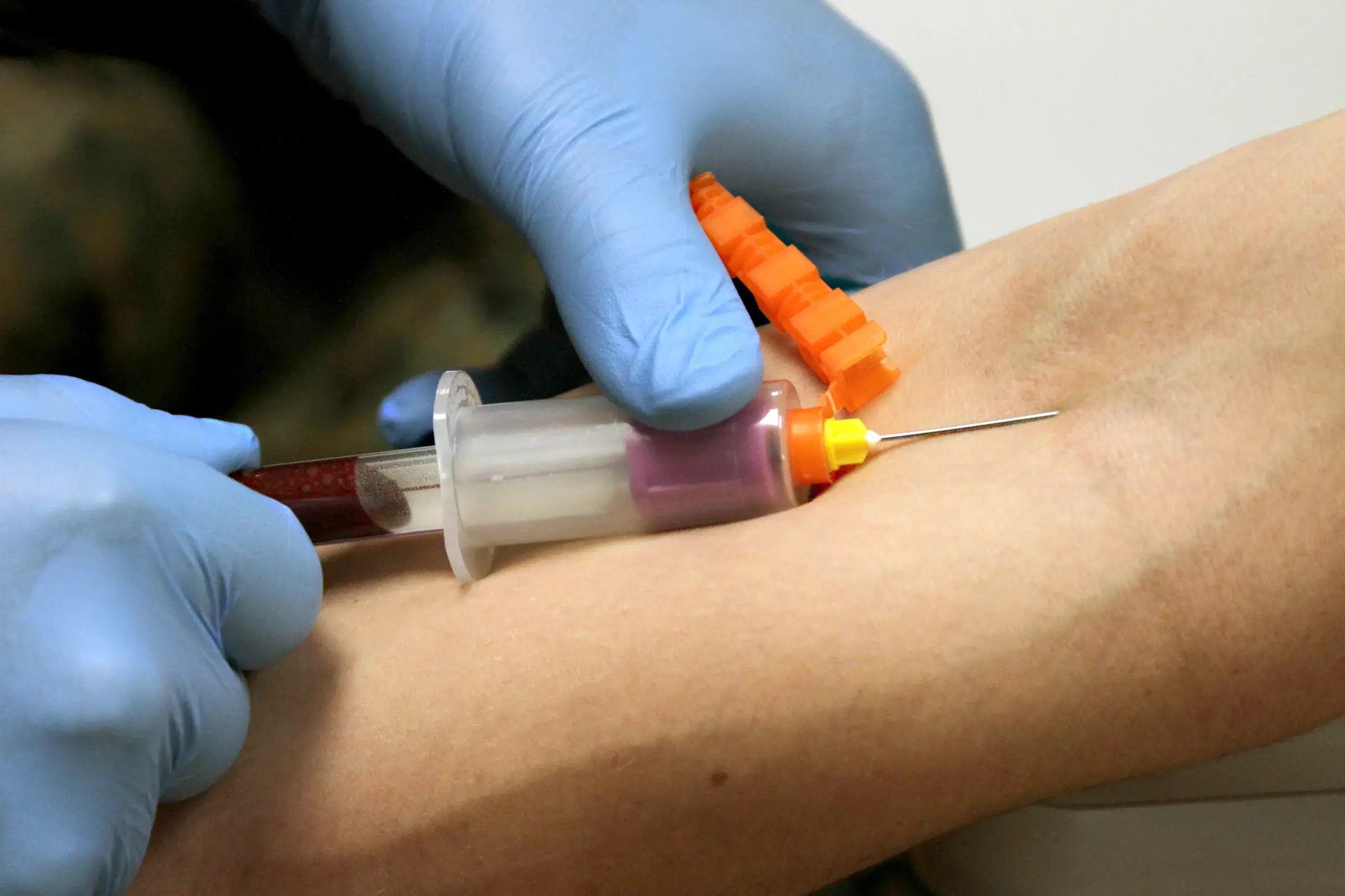 Prélèvement sanguin réalisé avec un tube sous vide lors d'une visite médicale militaire