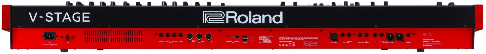 Vue complète du panneau arrière rouge et noir du Roland V-STAGE avec ses différentes prises