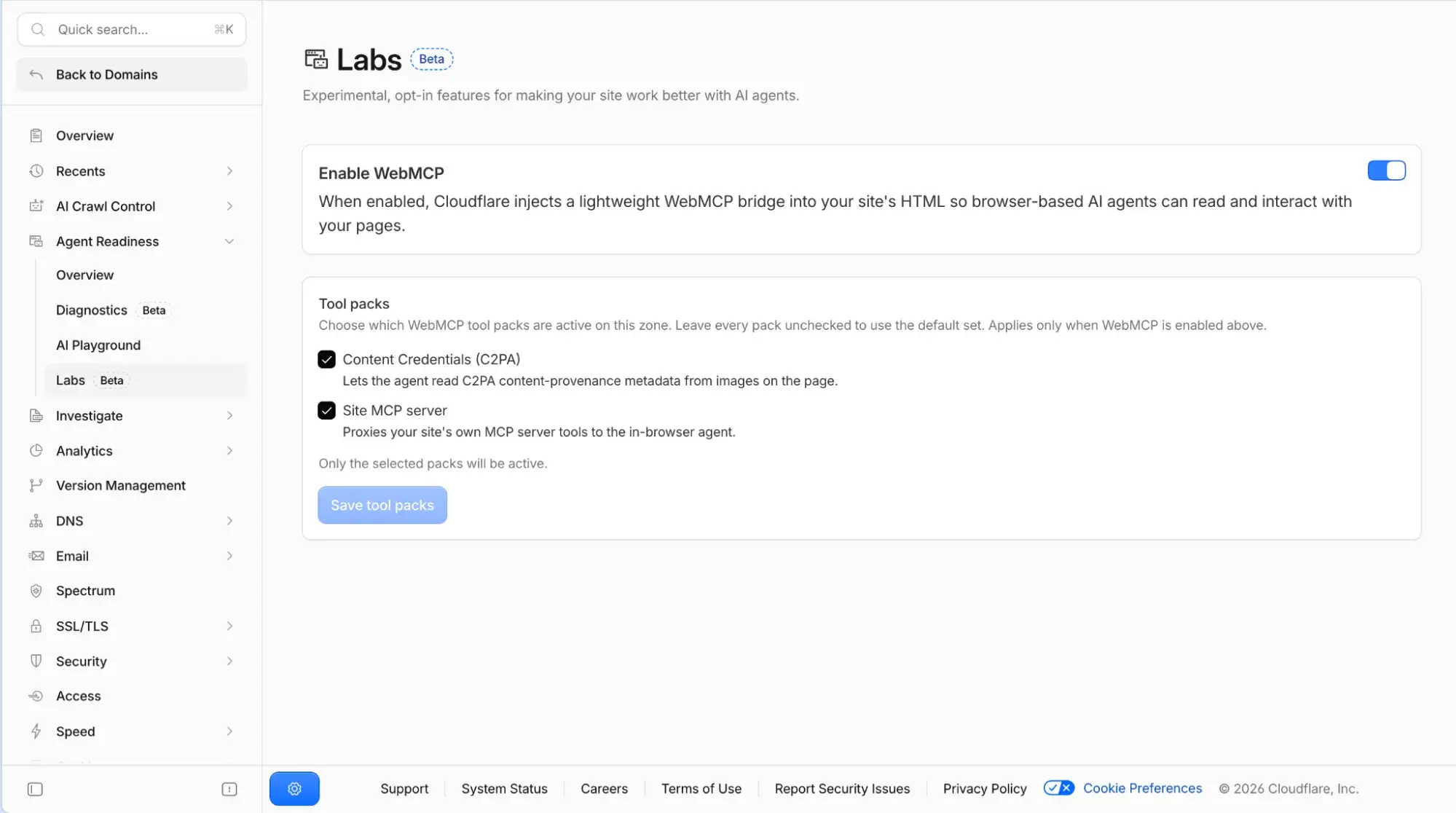 Capture du dashboard Cloudflare permettant d’activer WebMCP et ses packs sur un domaine