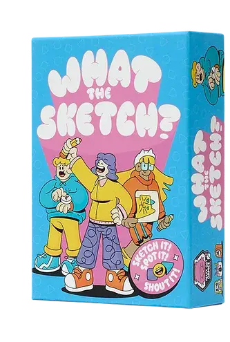 Boîte illustrée du jeu What The Sketch? avec trois personnages colorés
