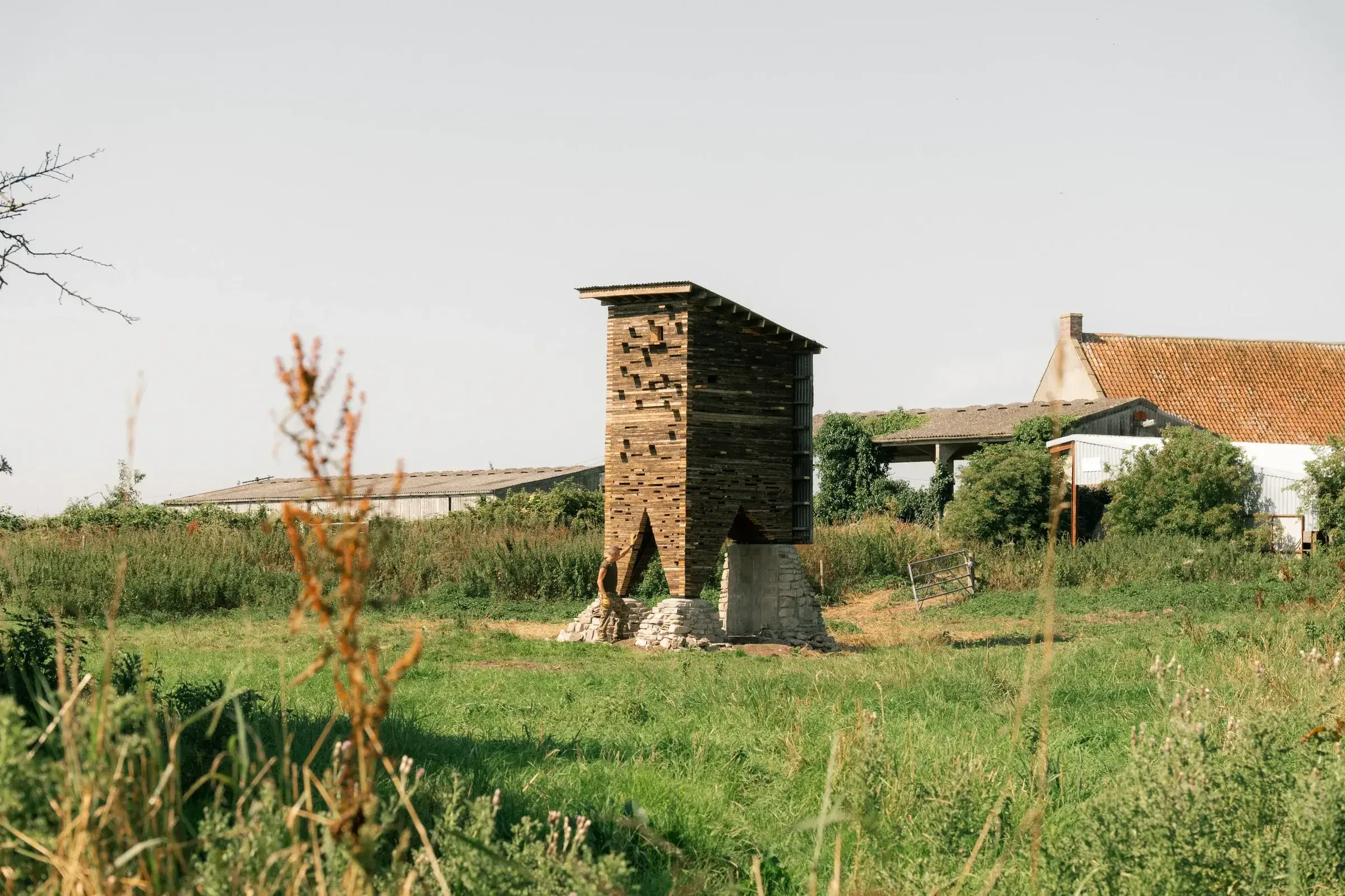 Reclaimed timber wildlife tower at Honeygar Farm in the Somerset Levels